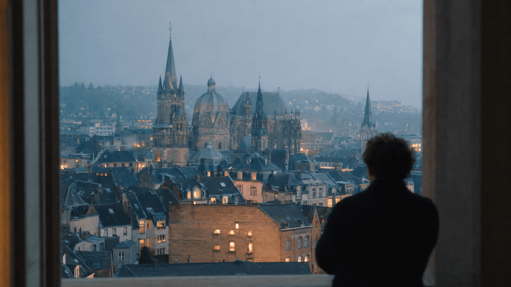 Blick aus dem Office über Aachen mit Aachener Dom in der Dämmerung