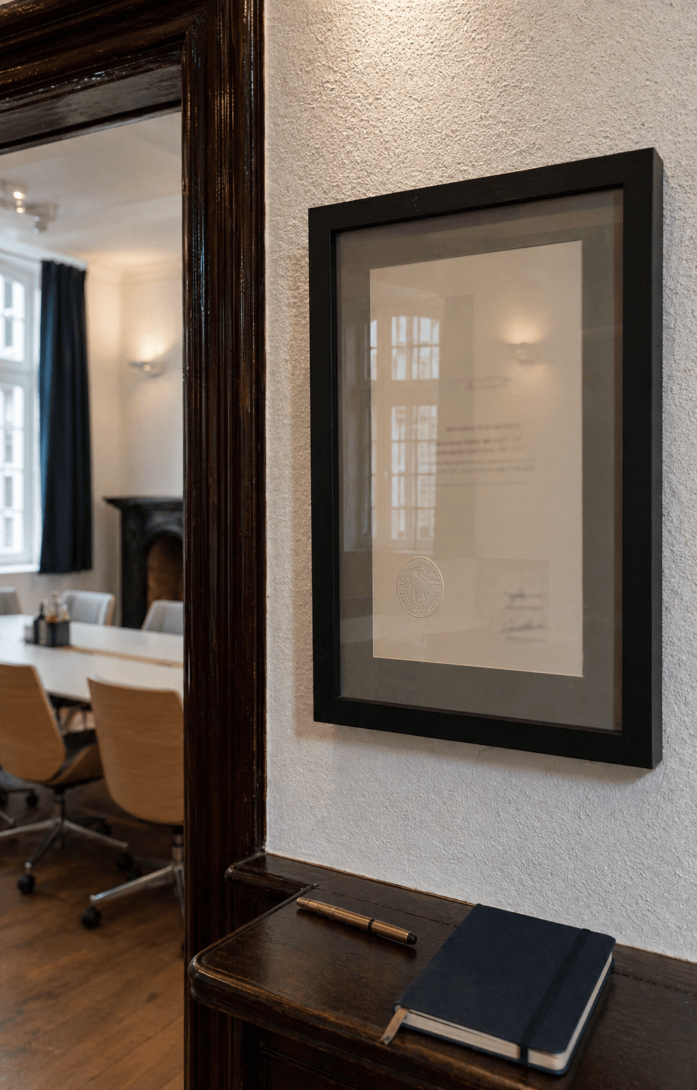 Gerahmtes Microsoft-Solutions-Partner-Zertifikat im Aachener Office, Blick durch die Tür auf den Konferenzraum
