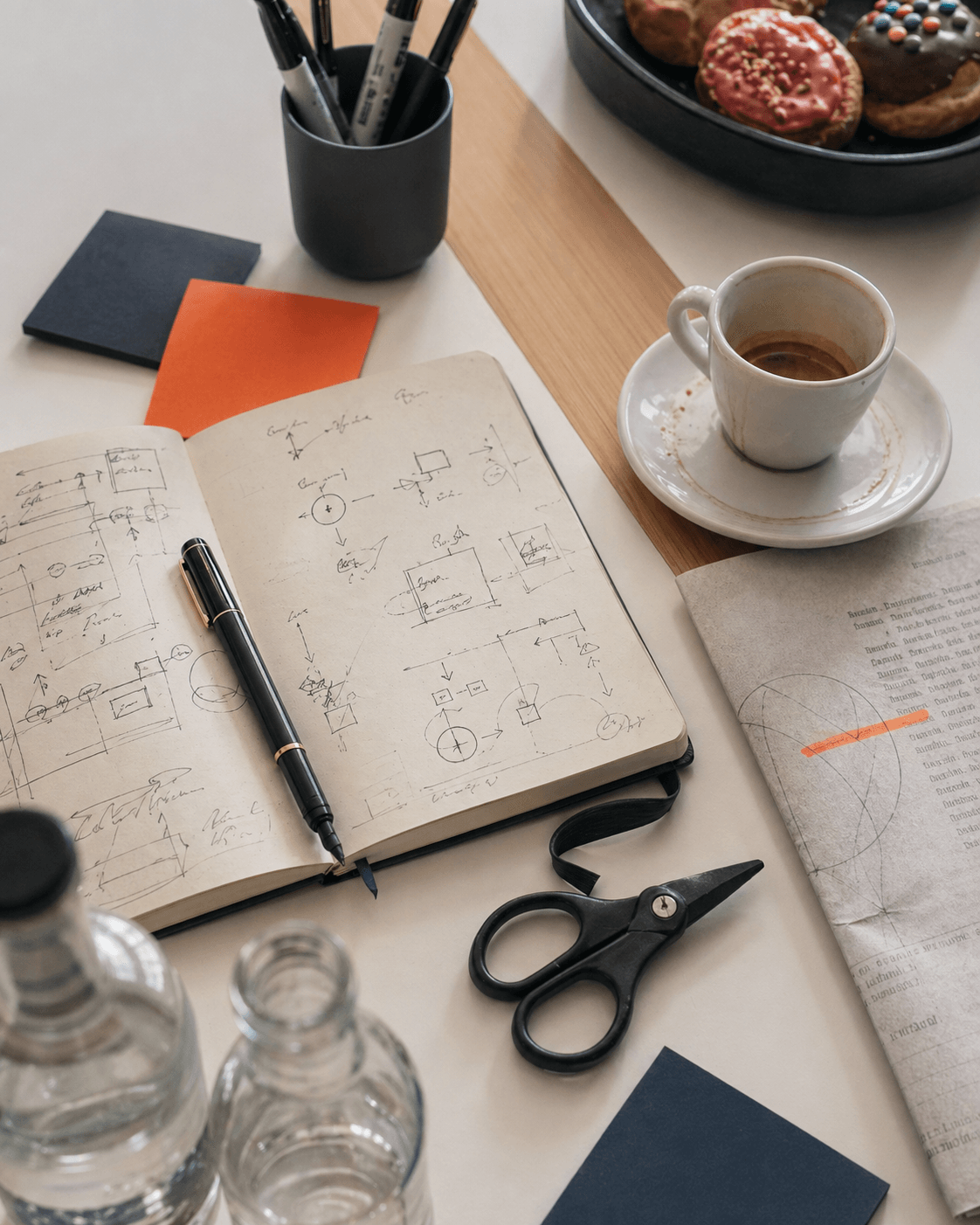 Notizbuch mit Skizzen, Füller, Espresso und ein Teller Donuts auf einem hellen Schreibtisch im Aachener Office