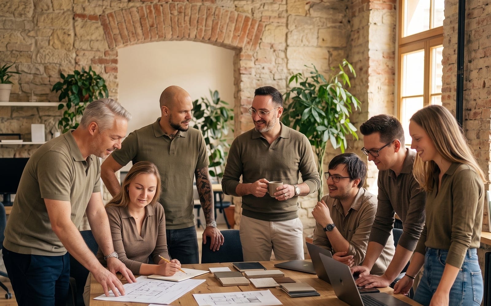 Team am gemeinsamen Arbeitstisch im Altbau-Büro, Pläne und Laptops