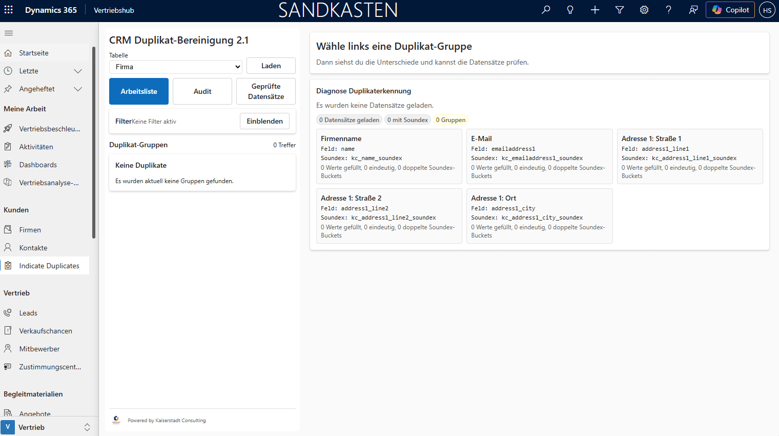 Duplikat-Bereinigung in Dynamics 365 vor dem Laden: links die Arbeitsliste mit Tabellenauswahl und Filter, rechts die Diagnose Duplikaterkennung mit einer Karte je Vergleichsfeld.