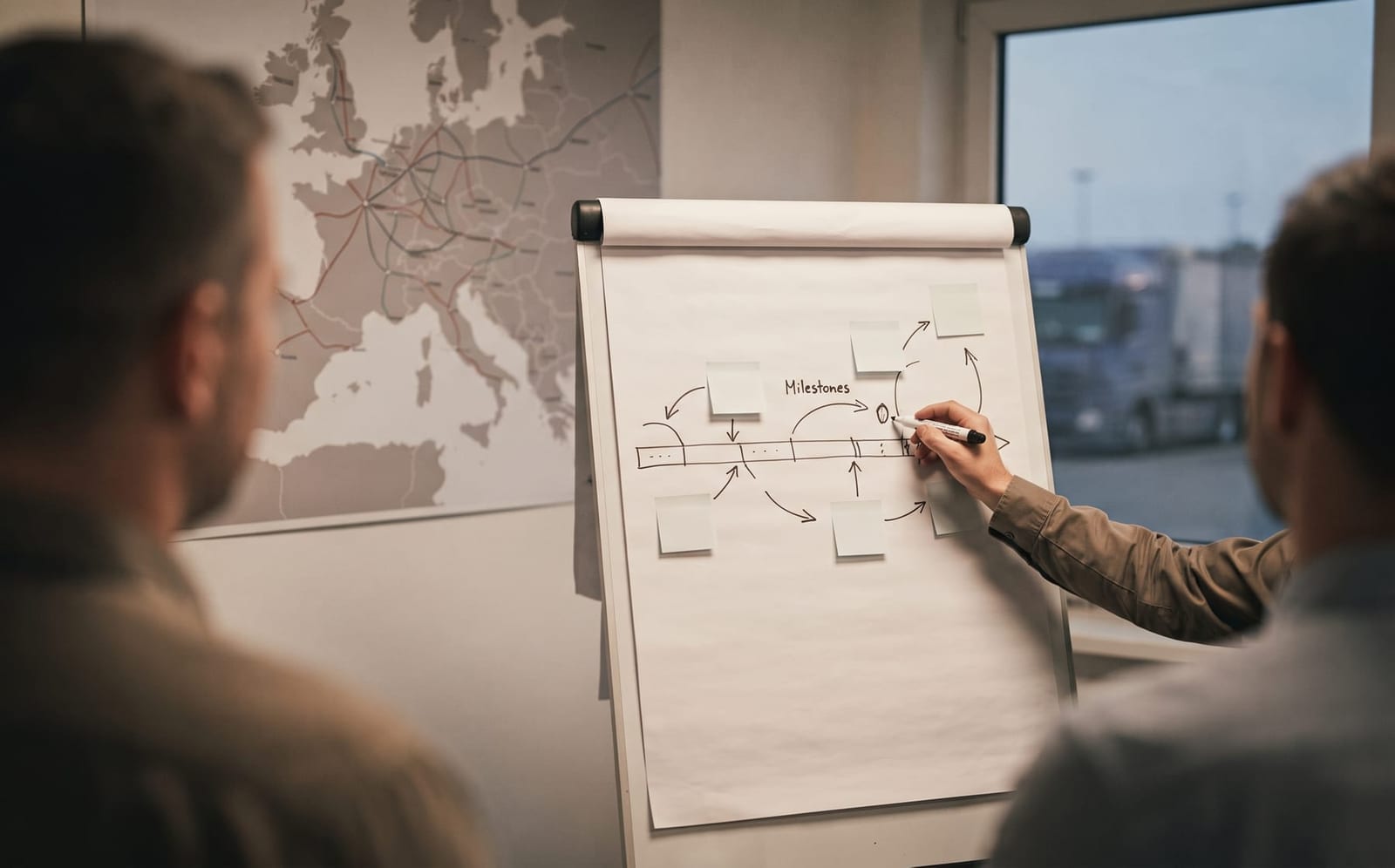Flipchart mit handgezeichneter Roadmap, dahinter eine Europakarte mit Frachtrouten und der Blick auf einen Speditionshof