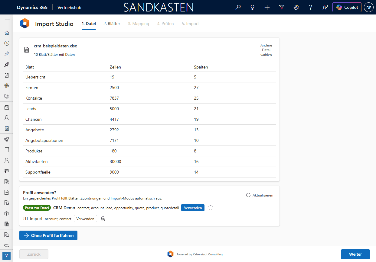 Import Studio, Schritt „Datei": Tabelle der erkannten Excel-Blätter und Liste der gespeicherten Import-Profile