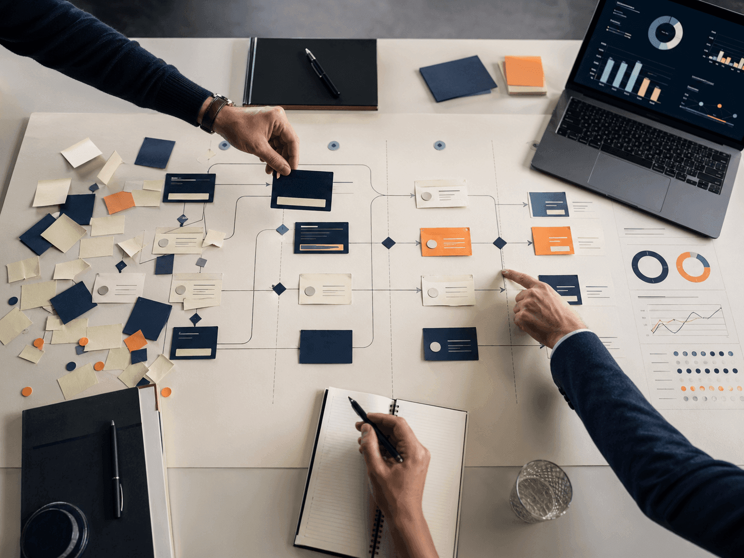 Aufsicht auf einen Arbeitstisch mit Unterlagen und Notizen während einer Strategie-Session